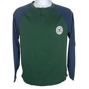 DC Shoes Mens Sz S LS Raglan Henley Shirt Skateboard Blue/Green Logo -1657